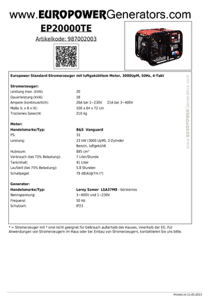 Gasoline Power Generators Europower EP 20000 TE-AVR
