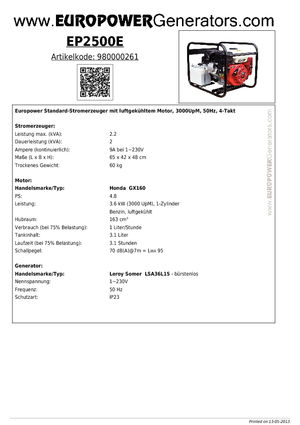 Gasoline Power Generators Europower EP 2500 E (LS)