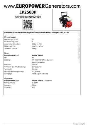 Gasoline Power Generators Europower EP2500P (S)