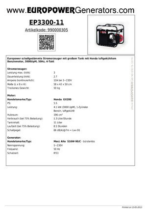 Gasoline Power Generators Europower EP3300-11 (MA)