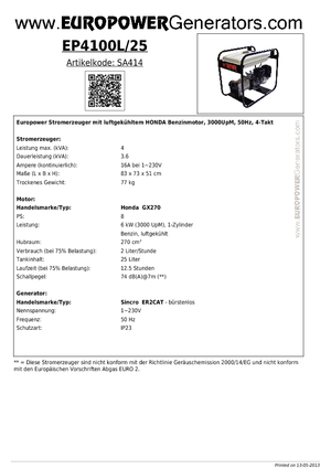 Benzinli Jeneratörler Europower EP 4100 L
