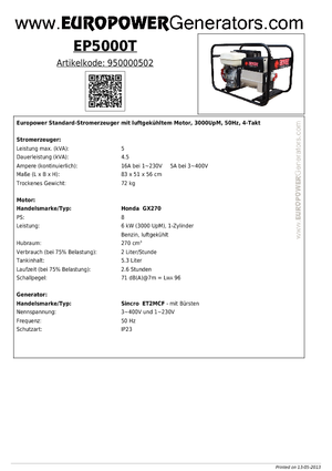 Gasoline Power Generators Europower EP5000T (S)