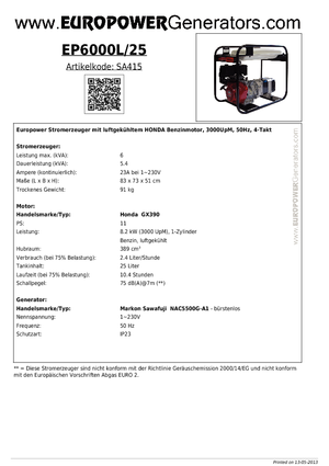 Gasoline Power Generators Europower EP 6000 L / 25
