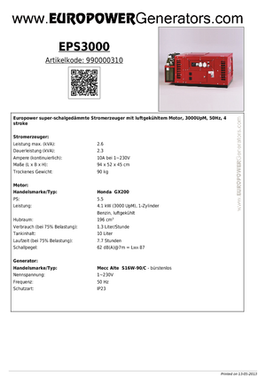 Benzinli Jeneratörler Europower EPS 3000 (MA)