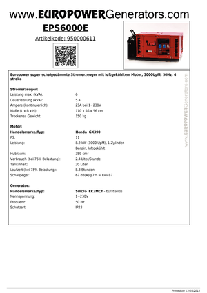 Gasoline Power Generators Europower EPS6000E (S)