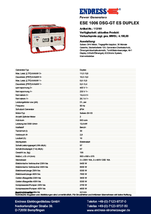 Gasoline Power Generators Endress ESE 1006 DSG-GT ES Duplex
