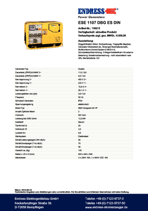 Gasoline Power Generators Endress ESE 1107 DBG ES DIN