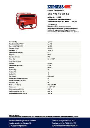 Gasoline Power Generators Endress ESE 406 HS-GT ES
