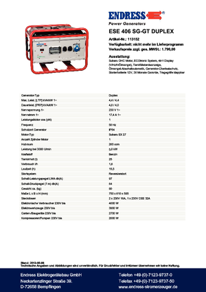 Gasoline Power Generators Endress ESE 406 SG-GT Duplex