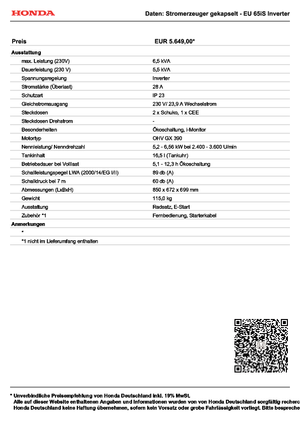 Gasoline Power Generators Honda EU 65 iS
