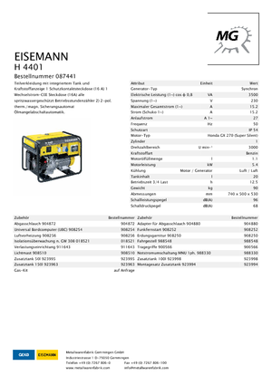 Gasoline Power Generators Eisemann H 4401