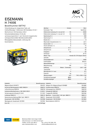 Gasoline Power Generators Eisemann H 7400 E