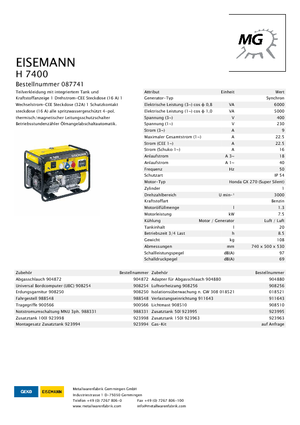 Benzinli Jeneratörler Eisemann H 7400