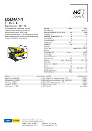 Gasoline Power Generators Eisemann P 10001 E