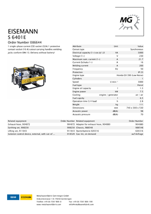 Gasoline Power Generators Eisemann S 6401 E
