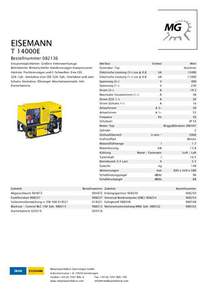 Gasoline Power Generators Eisemann T 14000 E