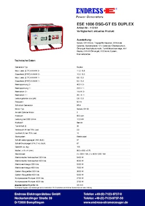 Gasoline Power Generators Endress ESE 1006 DSG-GT ES Duplex