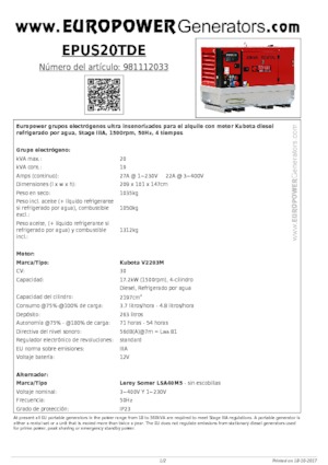 Diesel Power Generators Europower EPUS20TDE (LS)