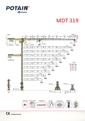 Kule vinçleri - tramvay bomu - üstten dönüş Potain MDT 319 A